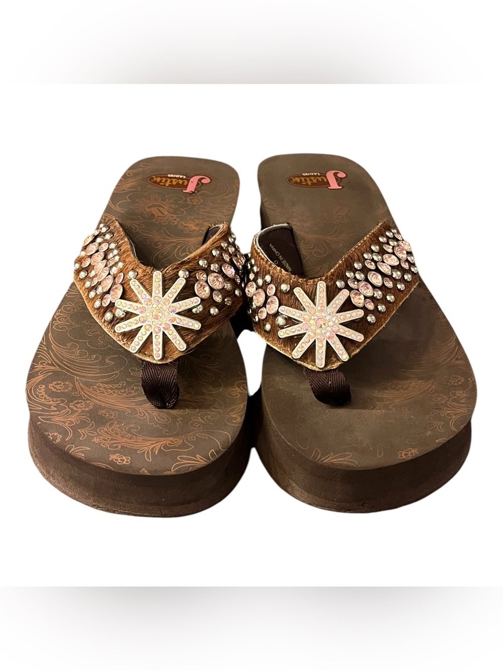 Justin Boots Brown Jeweled Floral Platform Sandals